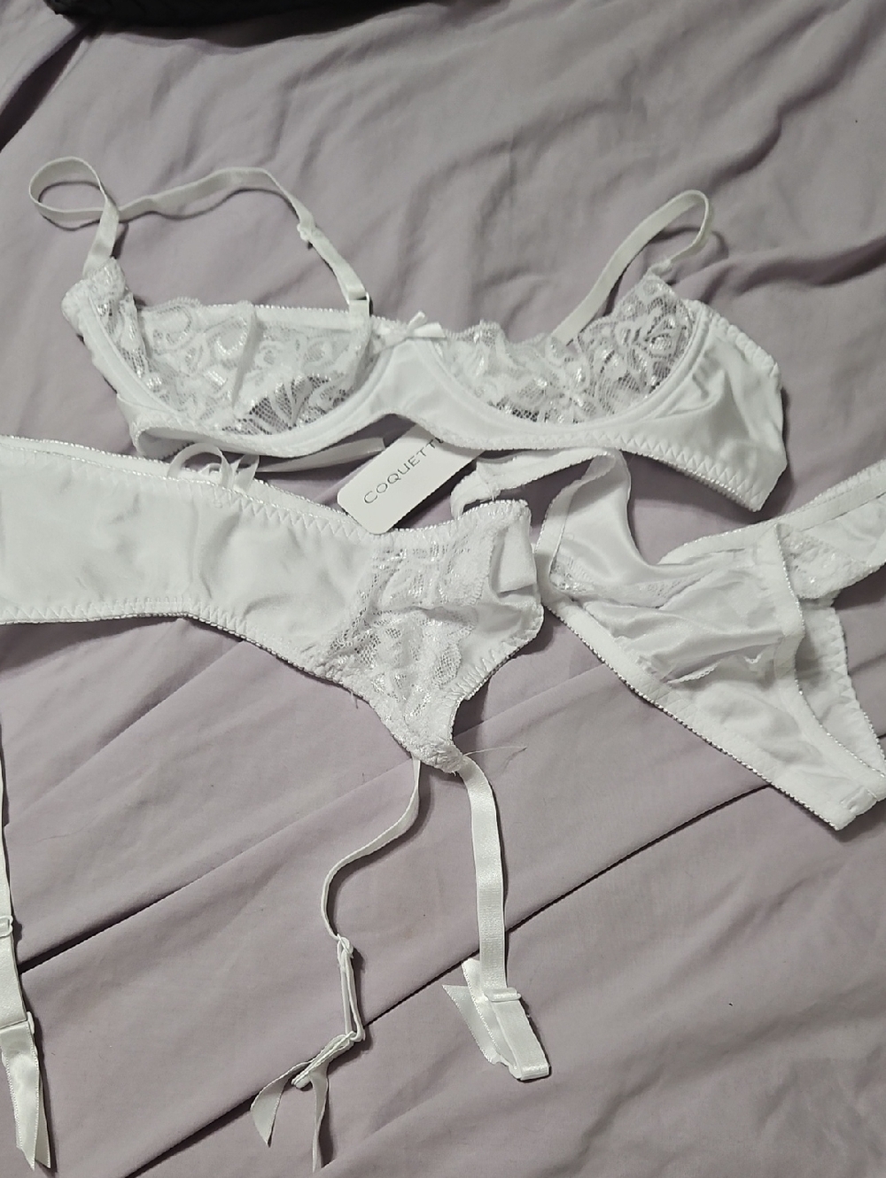 Coquette White Lace Underwire Bra & Garter Set